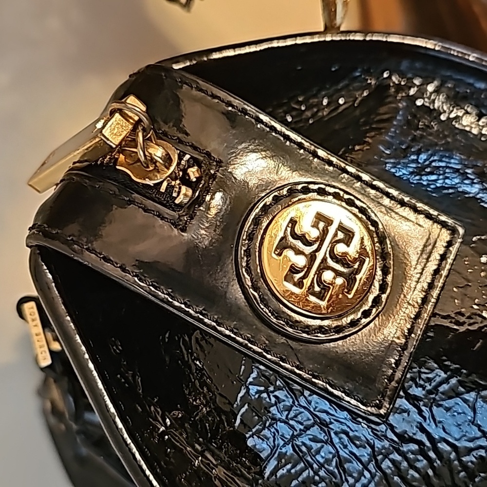 Tory Burch Black Patent Leather Studded Satchel with Gold Hardware - Picture 6 of 13